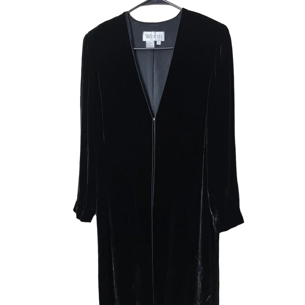 Worth Vintage‎ 90s Black Long Midi Velvet OpenFront Duster Jacket Size 6 - Picture 2 of 9